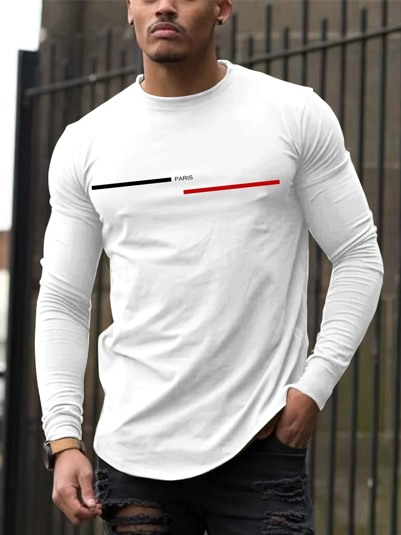 Men's Paris Print Cotton T-Shirt - Long Sleeve Casual Tee