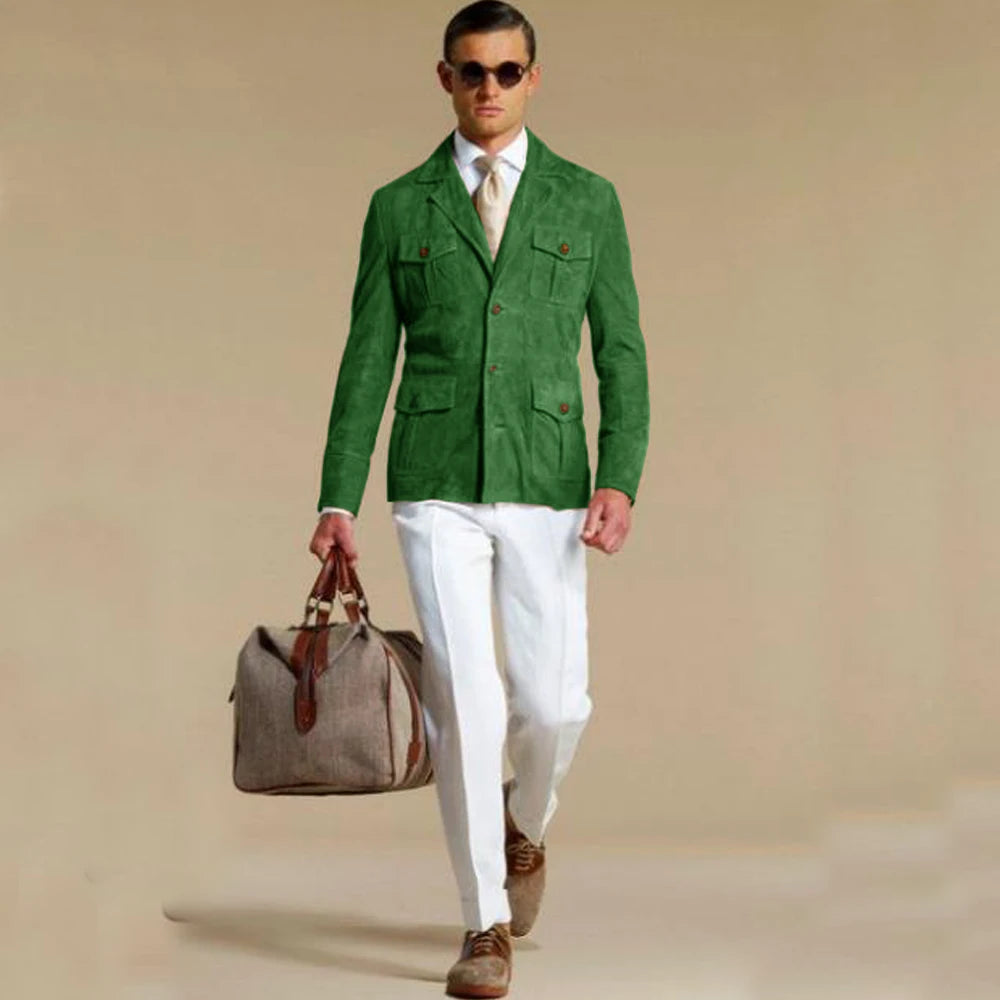 Men's Elegant Suede Blazer Single-breasted Modern Multiple Pockets Lapel Blazers Fashion