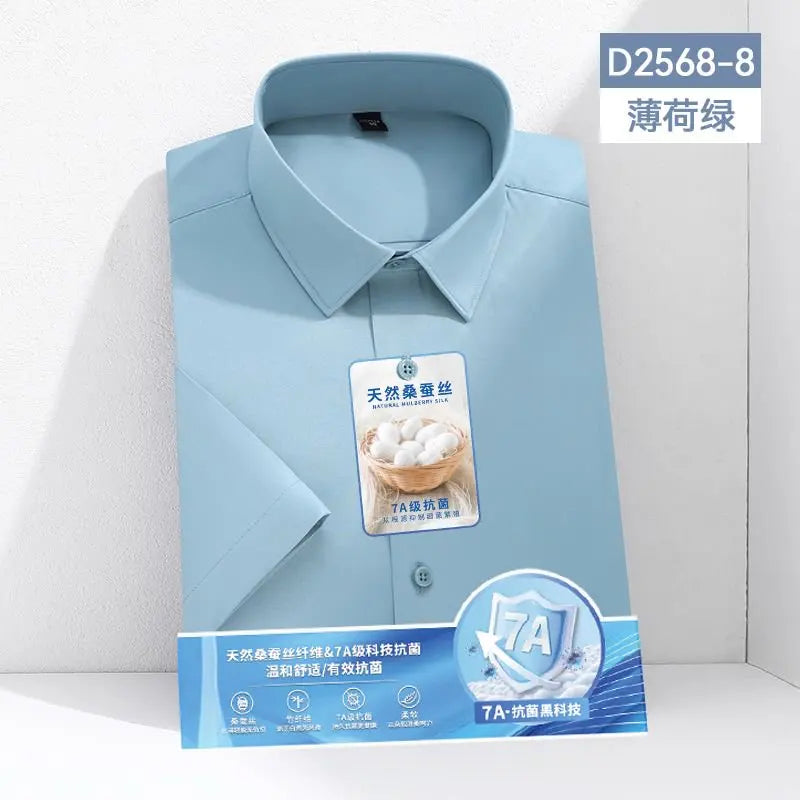 Larger Size S-6XL Mulberry Silk Men's Short  Sleeve Reverse Wrinkle and Cool Comfortable Slim Social Business Formal White Shirt