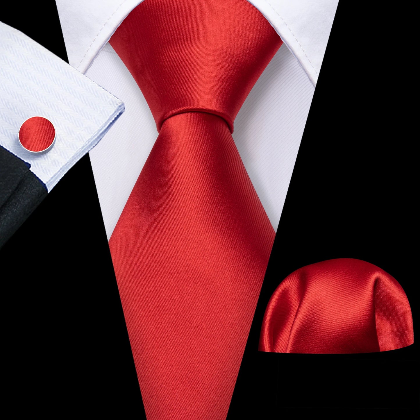 Barry.Wang Red Silk Mens Tie Hanky Cufflinks Set Burgundy Maroon Scarlet Carmine Rose Jacquard Necktie For Male Wedding Party