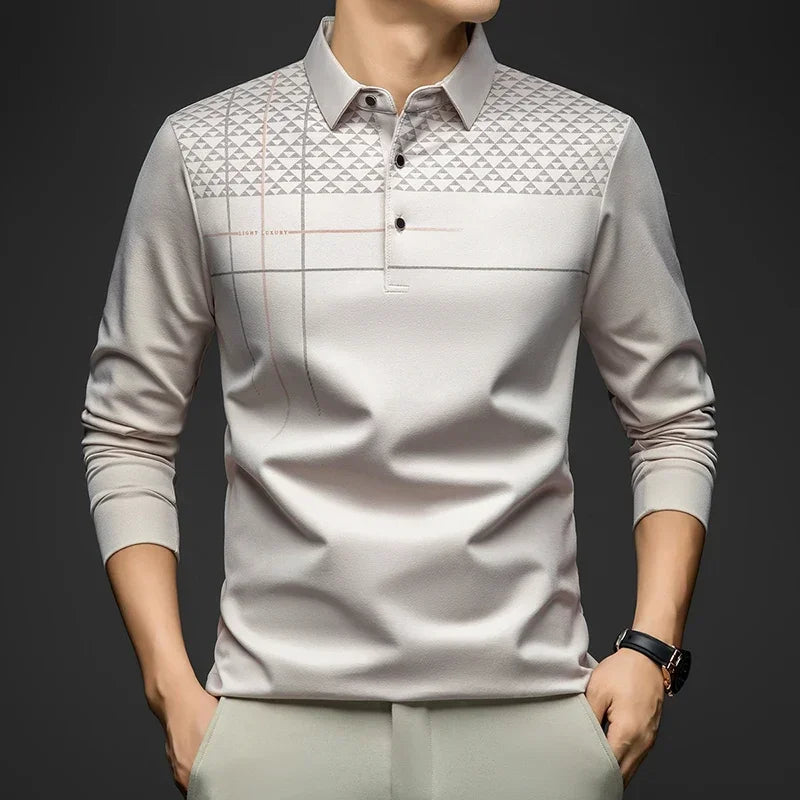 Formal Polo Tshirts Men Graphic Design Long Sleeve Shirt Collar Office Work Polo Tops Man Clothing