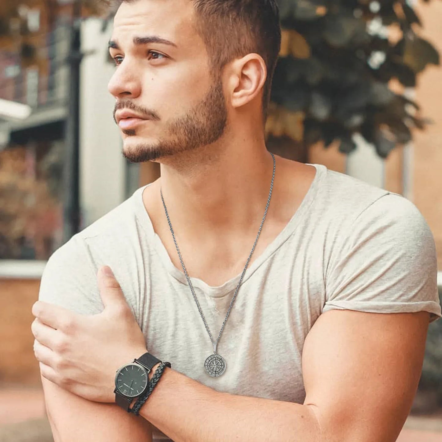 Vnox Layered Necklaces for Men Compass Pendant and Stainless Steel Cuban Figaro Wheat Chain - Casual Retro Collar Style