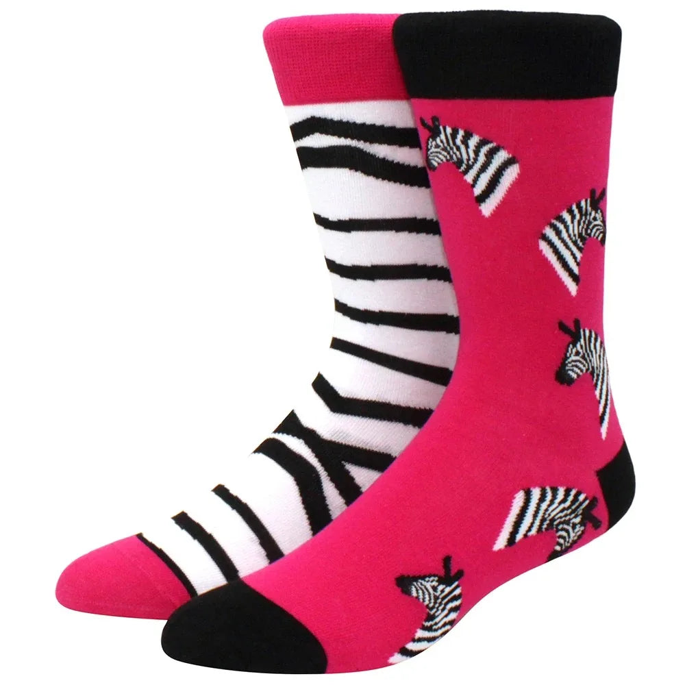 Men's Novelty Cotton Crew Socks - Mismatched Animal & Fruit Design