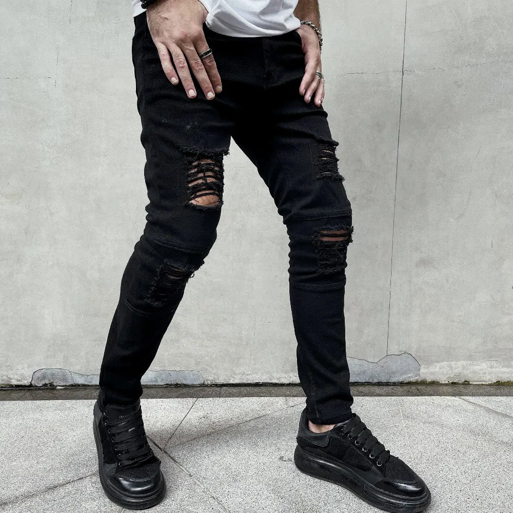 Men's Slim Fit Ripped Denim Jeans - Hip Hop Street Style