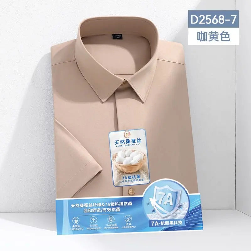 Larger Size S-6XL Mulberry Silk Men's Short  Sleeve Reverse Wrinkle and Cool Comfortable Slim Social Business Formal White Shirt