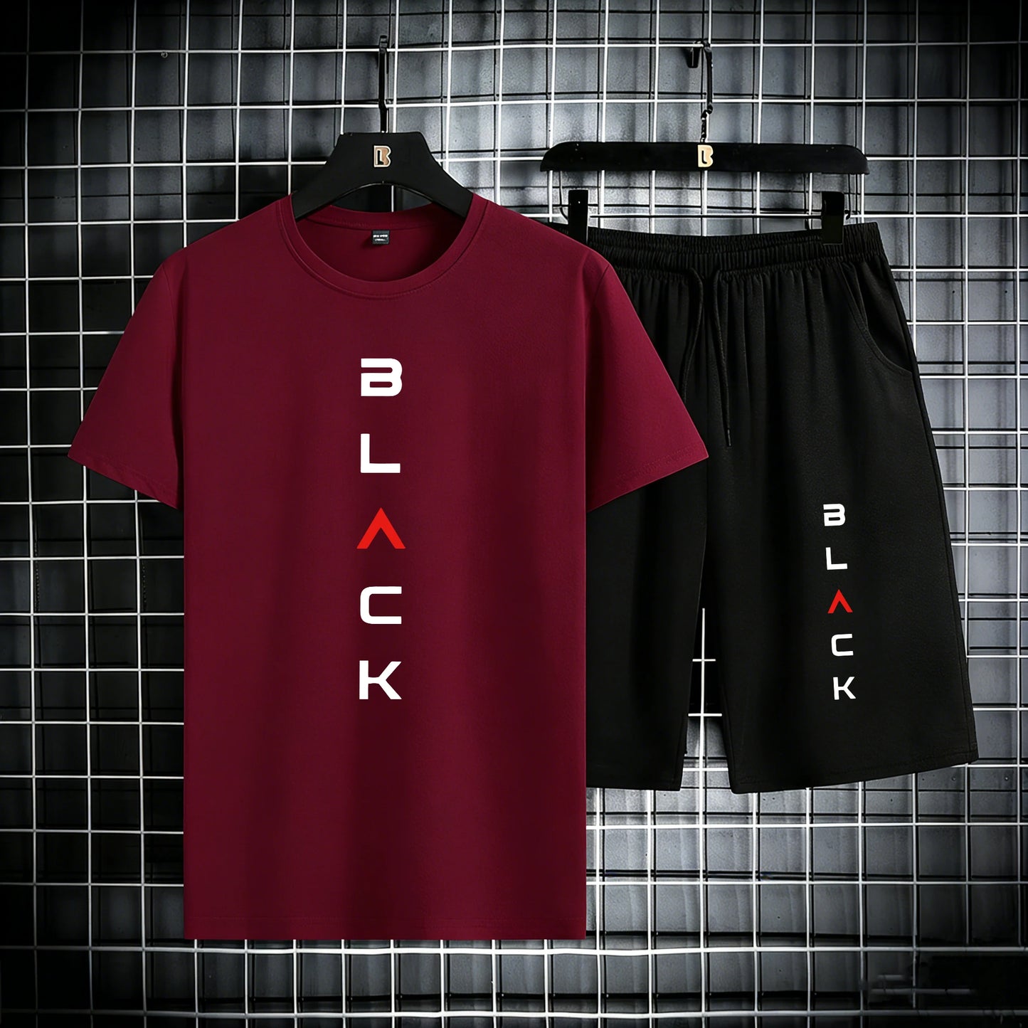 Black Simple Letter Pattern Mens Cotton Summer Classic Short Suits Cool All-Match Streetwear Soft Pocket Bottom Daily 2Pc Set