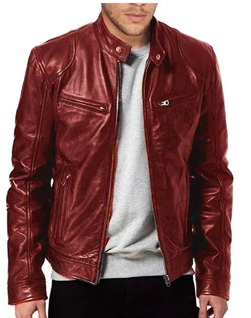 Mens Motorcycle PU Leather Jacket Slim Fit Short-Coat Autumn New Zipper Stand Windproof