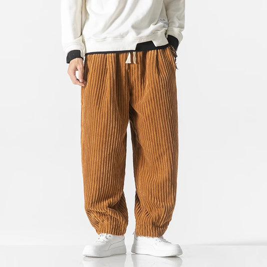 Men's Corduroy Harem Pants - Loose Fit Casual Joggers with Drawstring