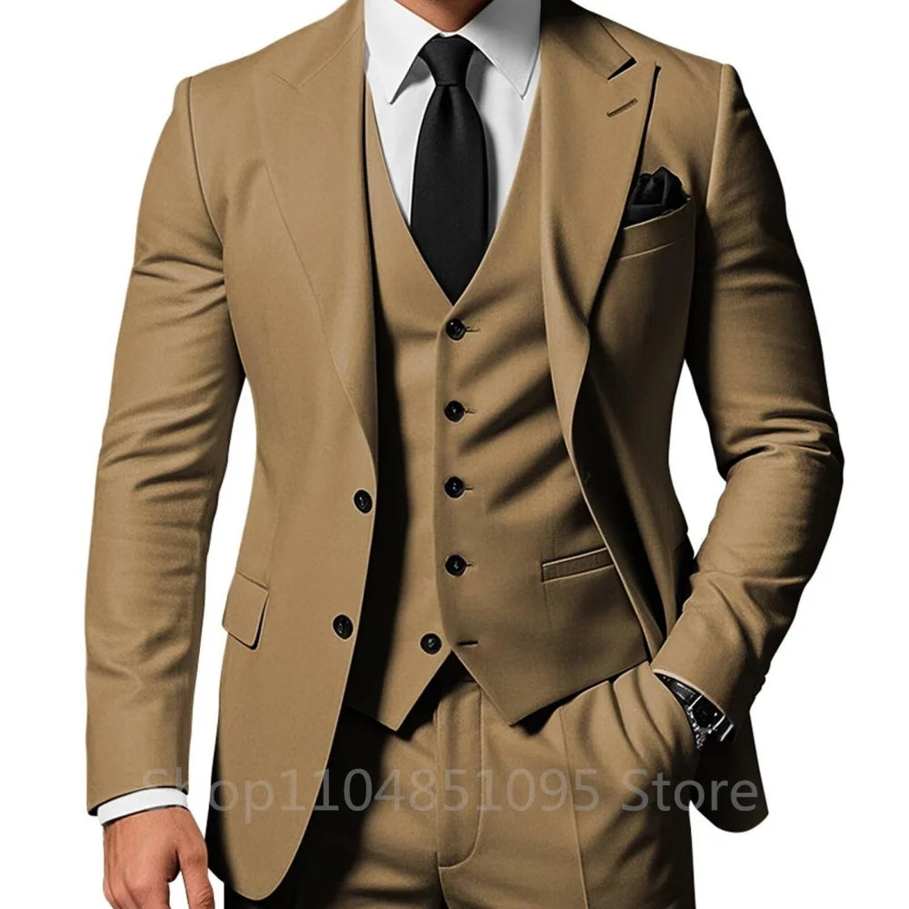3 Piece Solid Wedding Men Suits Formal Groom Tuxedos Prom Party Male Suits Fashion Men Clothing Set Peak Lapel Jacket Pants Vest