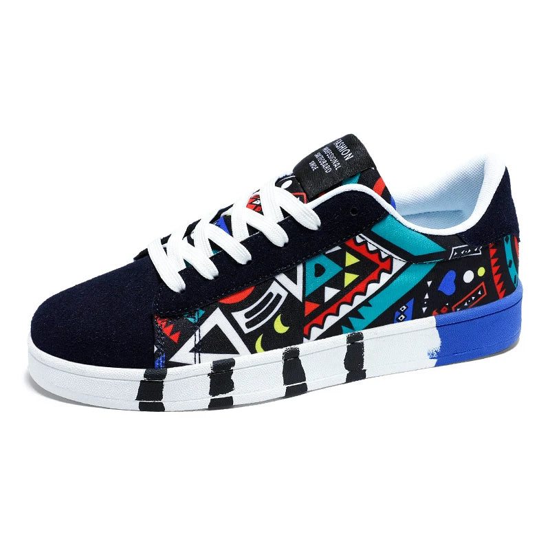 Men's Canvas Sneakers - Breathable Lace-Up Casual Shoes with Graffiti Design