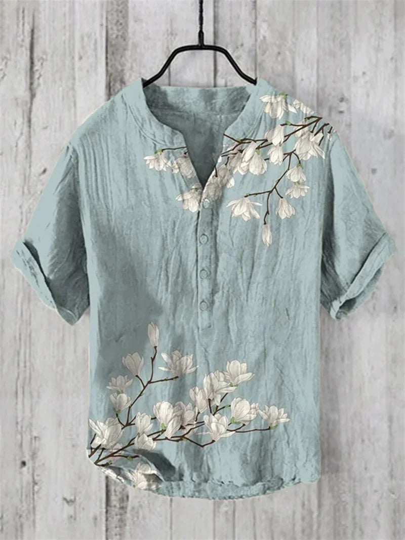 Hawaiian Fish Print Linen Shirt - Unisex Short Sleeve V-Neck