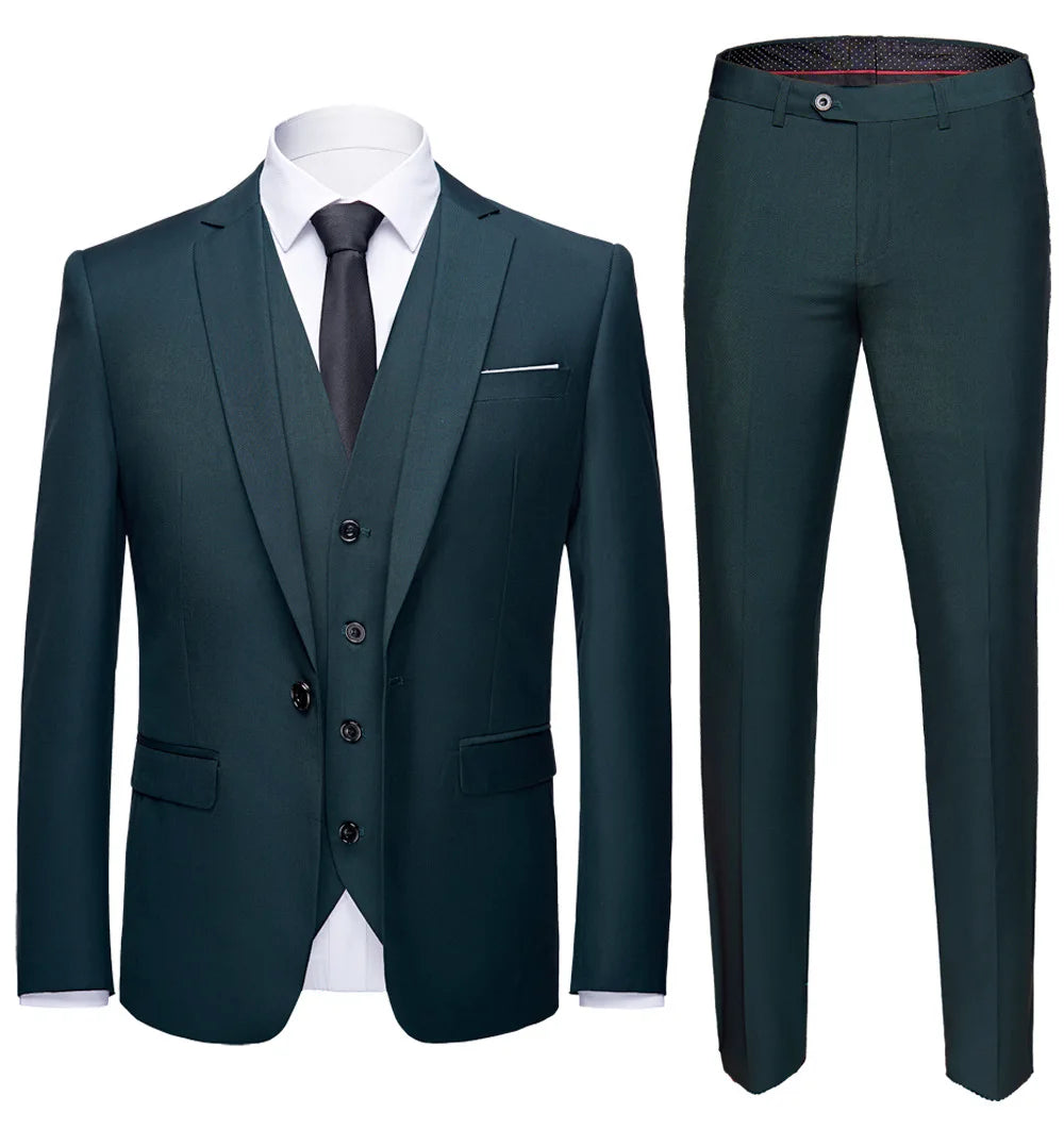 Men Suit Set Simple Solid Color Long Sleeve Male Outfit Single-breasted Slim Business Wedding Versatile Men Three-piece Suits