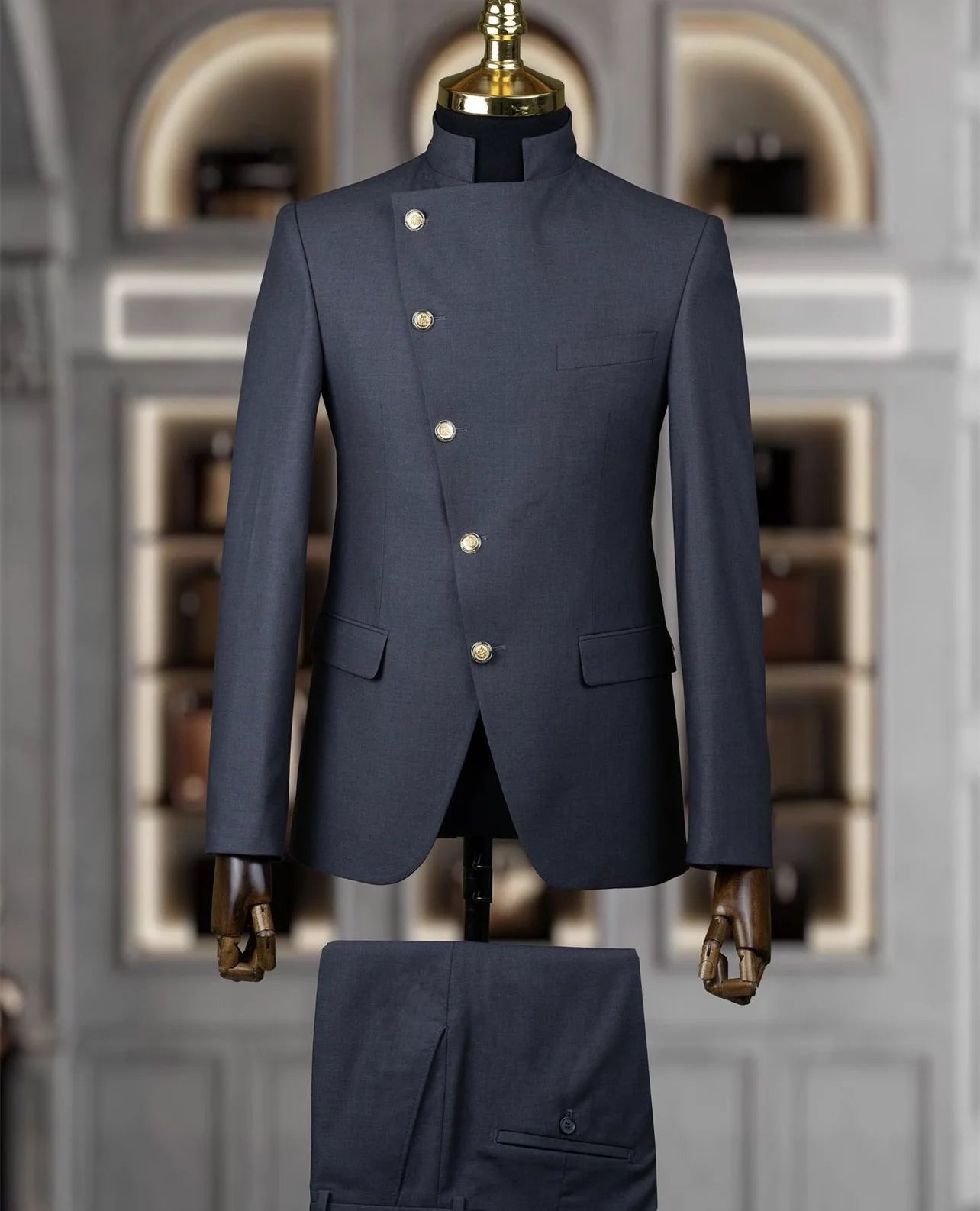 Men's East Style Slant-Breasted Slim Fit Suit Formal Indian Middle Stand-Up Collar