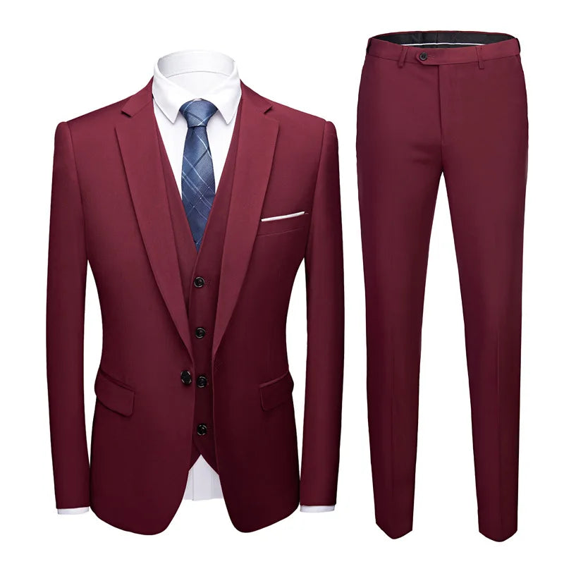 Men Suit Set Simple Solid Color Long Sleeve Male Outfit Single-breasted Slim Business Wedding Versatile Men Three-piece Suits