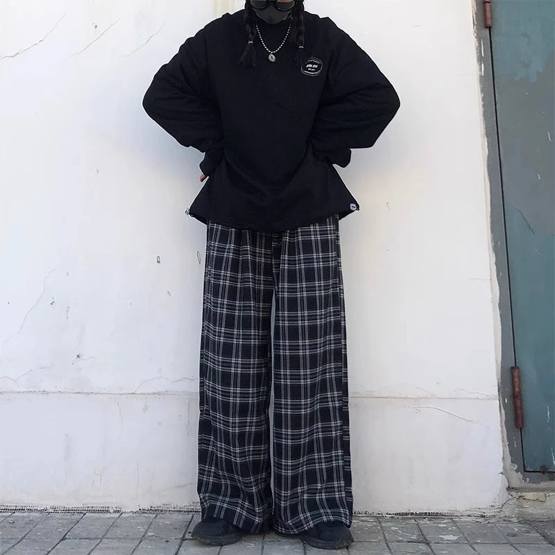Women's Plaid Wide Leg Sweatpants - High Waist Casual Trousers