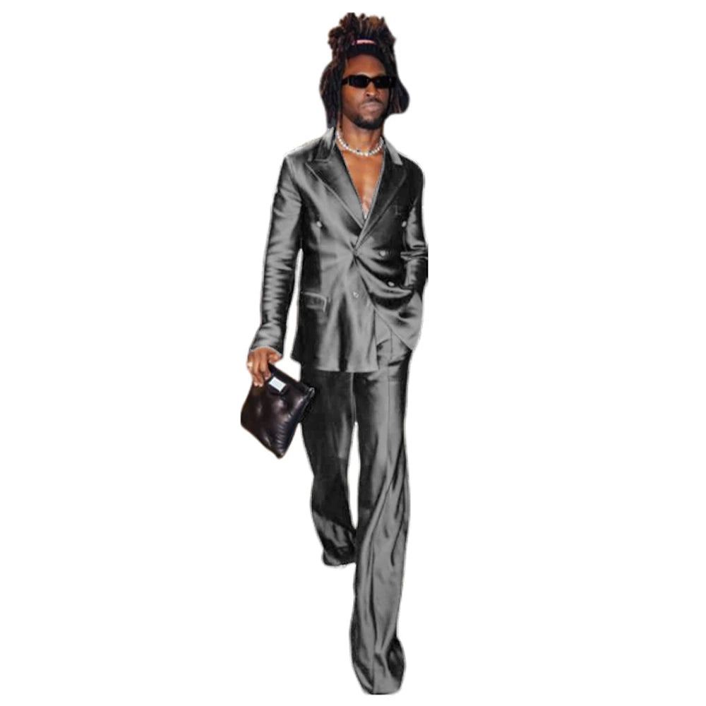 Men's Suit Satin Men Costume Luxurious Double Breasted Complete 2 Pieces Suit Peaked Lapel Jackets Dancing Party Fashion