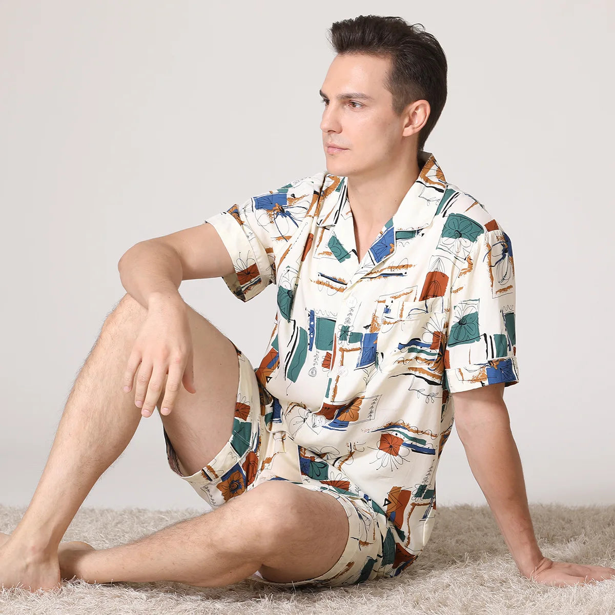 Men's Cotton Silk Pajama Set - Short Sleeve Loungewear