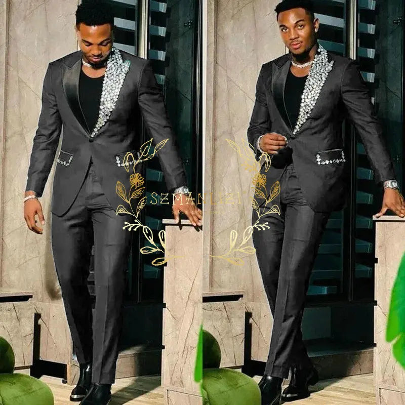 Slim Fit Suit Single Breasted Peak Lapel Blazer High Quality Crystal Prom Party 2 Piece Jacket & Pants for Men
