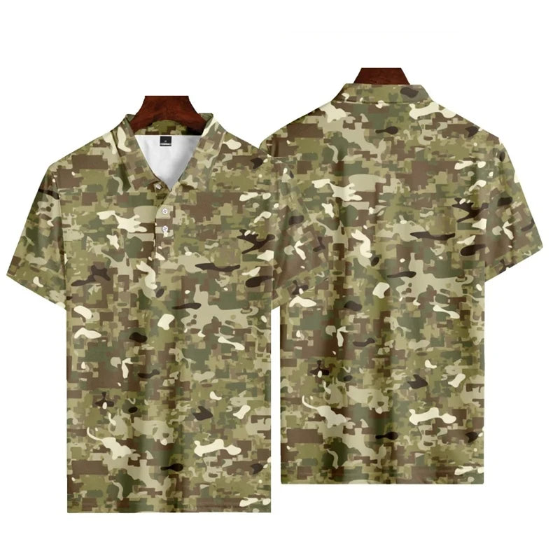 No Brand Casual Camo 3D Printed Polo Shirt For Men - Breathable Polyester Streetwear Polo Top
