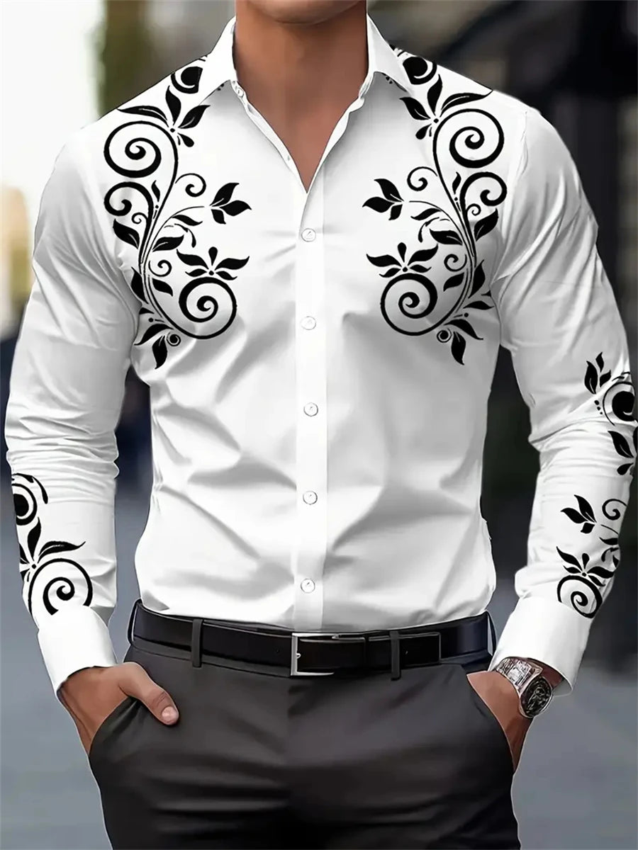 Men's Fashion Floral Print Shirt, Casual Breathable Lapel Button Long Sleeve Shirt For Spring Men’s Clothing Men's Formal Tops