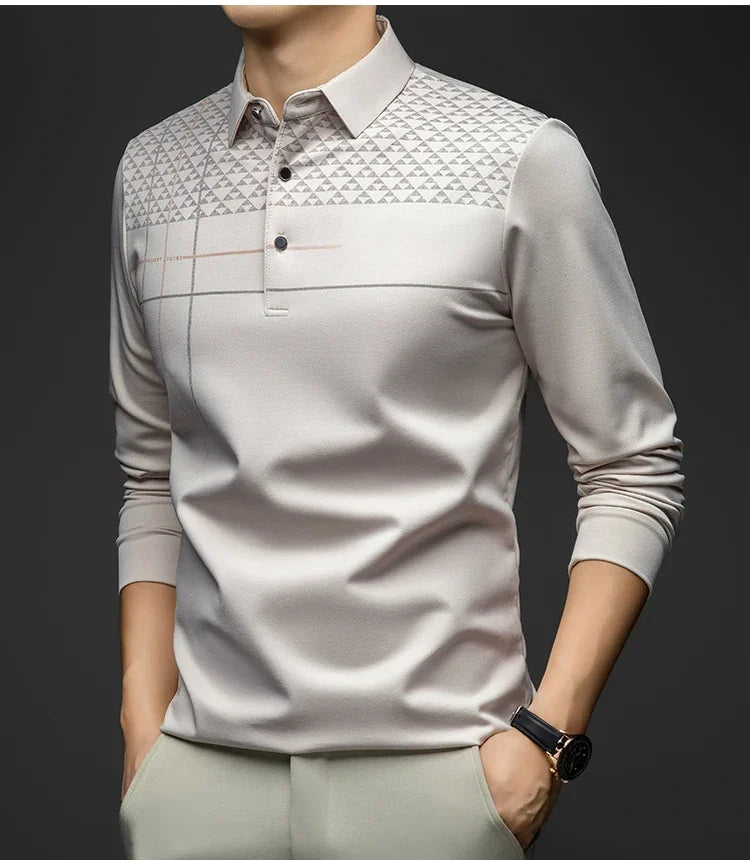 Formal Polo Tshirts Men Graphic Design Long Sleeve Shirt Collar Office Work Polo Tops Man Clothing