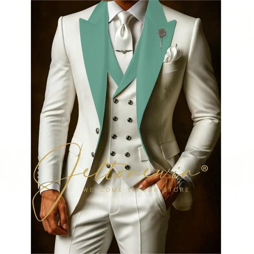 White Suit Set For Men Wedding Party Fashion Blazer Vest Pants Formal  Groom Groomsmen Tailor-made Male High Quality Tuxedos