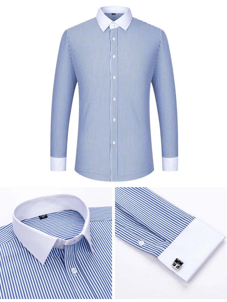 Men's Formal Long Sleeve Striped Shirt with French Cuffs & Contrast Spread Collar, Suitable for Business Wedding, All Seasons