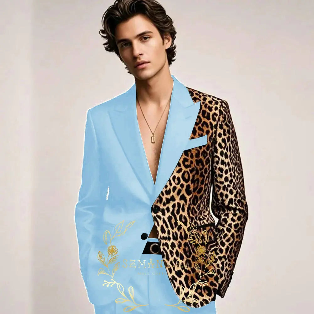 Fashion Suit for Men Leopard Print Peaked Lapel Slim Fit 2 Piece Jacket Pants Blazer Wedding Party Tuxedo Male Clothing