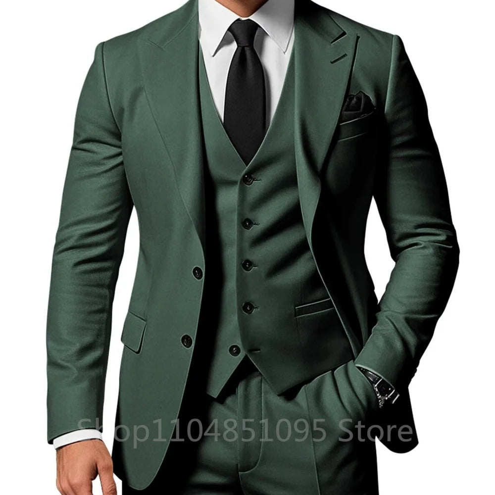 3 Piece Solid Wedding Men Suits Formal Groom Tuxedos Prom Party Male Suits Fashion Men Clothing Set Peak Lapel Jacket Pants Vest