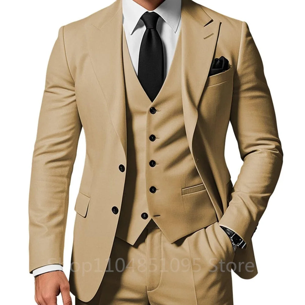 3 Piece Solid Wedding Men Suits Formal Groom Tuxedos Prom Party Male Suits Fashion Men Clothing Set Peak Lapel Jacket Pants Vest