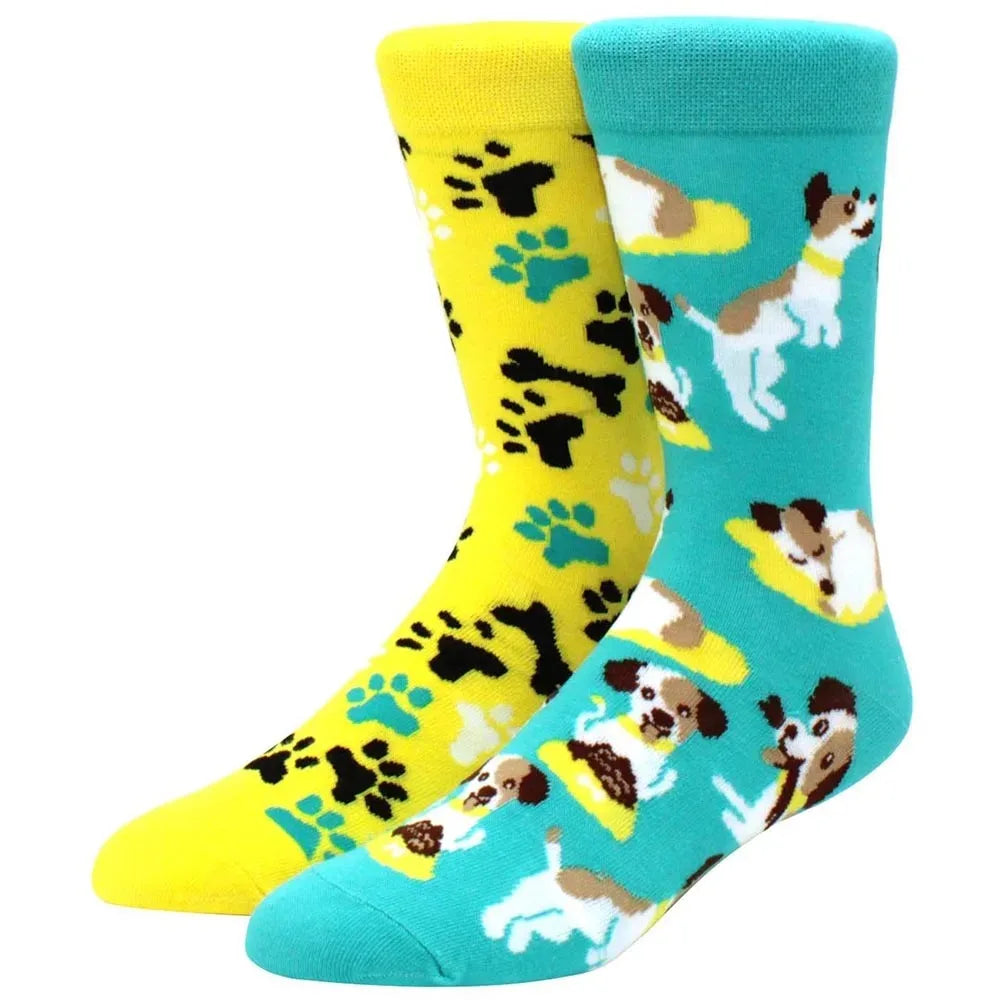 Men's Novelty Cotton Crew Socks - Mismatched Animal & Fruit Design