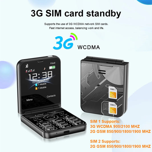 SERVO Flilo9 Foldable Phone 3G Cellular Network 2.6" Screen Speed Dial Blacklist FM Radio Dual SIM Flip Cellphone Type-C WCDMA