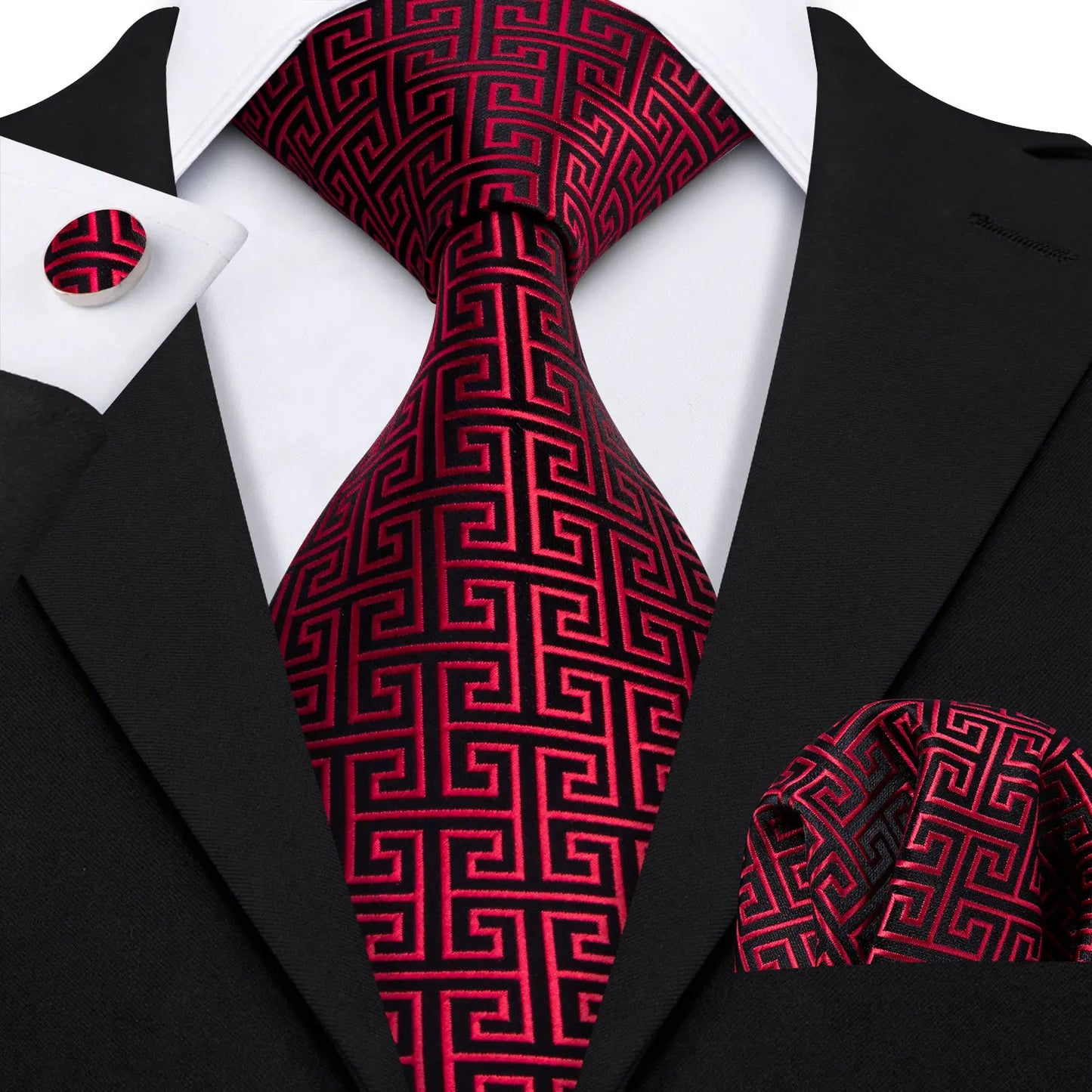 Barry.Wang Red Silk Mens Tie Hanky Cufflinks Set Burgundy Maroon Scarlet Carmine Rose Jacquard Necktie For Male Wedding Party
