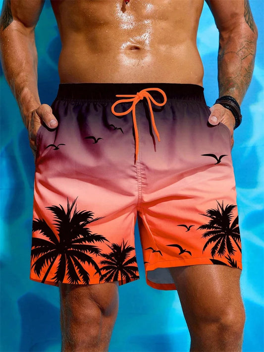 Men's Hawaiian Palm Print Board Shorts - Breathable Swim Trunks