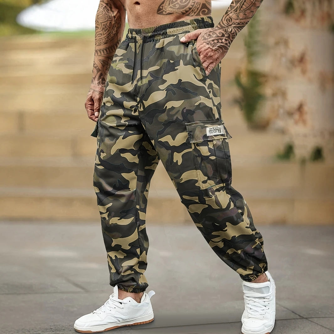 Trendy Camo Cargo Pants - Casual Loose Fit Elastic Waist Trousers With Pockets For Outdoor Activities