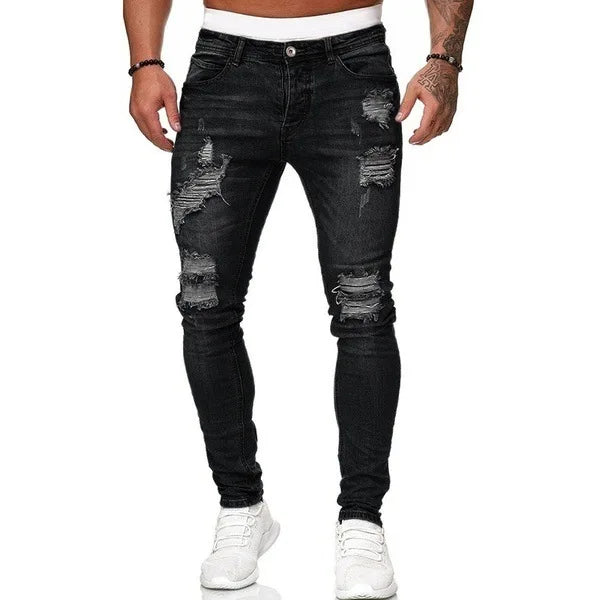 Men's Distressed Stretch Denim Jeans - Slim Fit Casual Pants