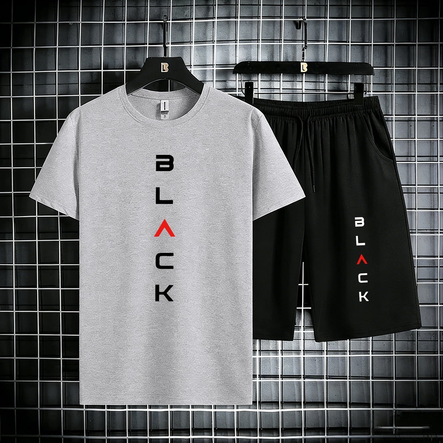 Black Simple Letter Pattern Mens Cotton Summer Classic Short Suits Cool All-Match Streetwear Soft Pocket Bottom Daily 2Pc Set