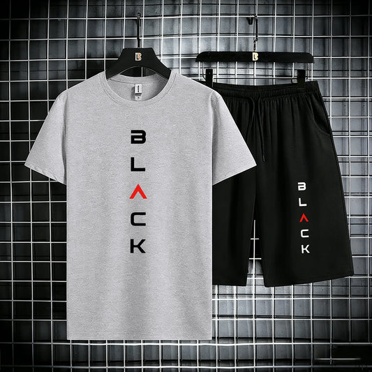 Black Simple Letter Pattern Mens Cotton Summer Classic Short Suits Cool All-Match Streetwear Soft Pocket Bottom Daily 2Pc Set