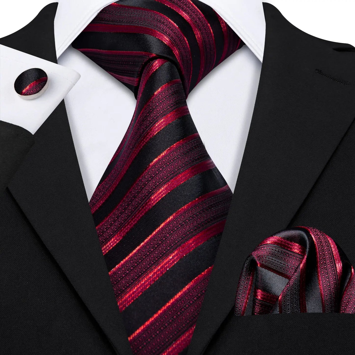 Barry.Wang Red Silk Mens Tie Hanky Cufflinks Set Burgundy Maroon Scarlet Carmine Rose Jacquard Necktie For Male Wedding Party
