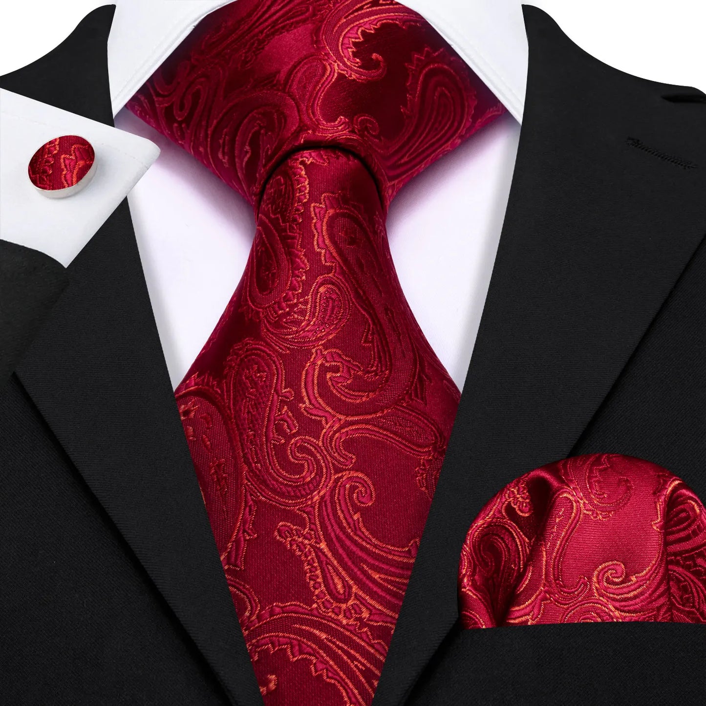 Barry.Wang Red Silk Mens Tie Hanky Cufflinks Set Burgundy Maroon Scarlet Carmine Rose Jacquard Necktie For Male Wedding Party