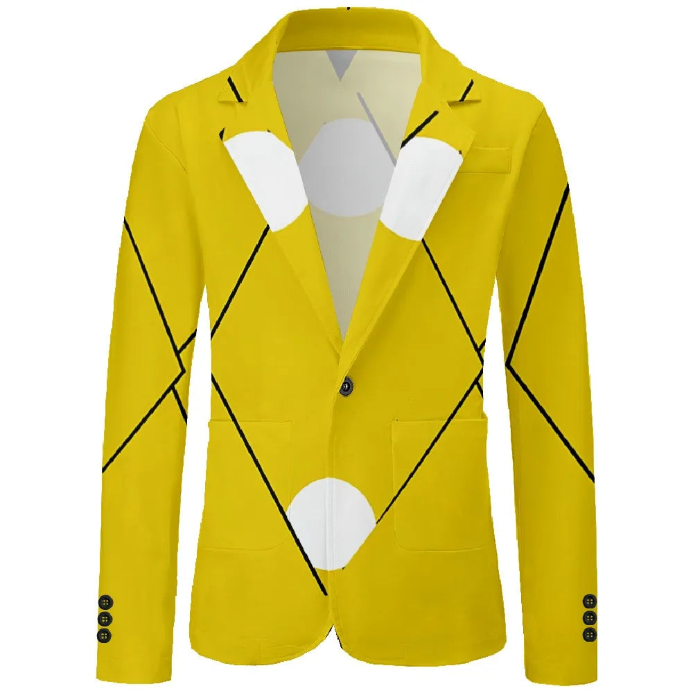 Men's Stylish Yellow Suit Jacket Minimalist Black Linear Geometric Patterns with White Circular Accents for Casual & Office Wear