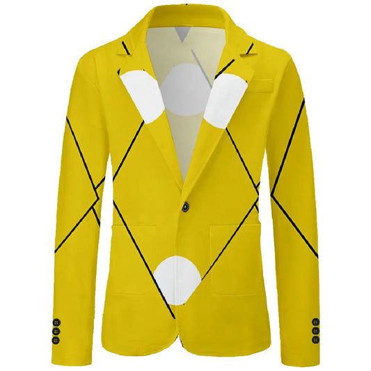 Men's Stylish Yellow Suit Jacket Minimalist Black Linear Geometric Patterns with White Circular Accents for Casual & Office Wear