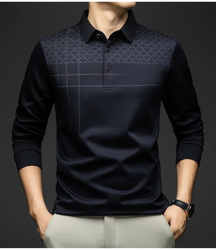 Formal Polo Tshirts Men Graphic Design Long Sleeve Shirt Collar Office Work Polo Tops Man Clothing