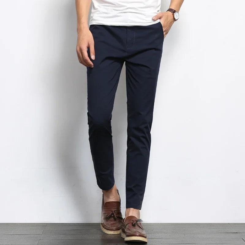 Men's Casual Straight-Leg Pants - Cotton Blend Ankle-Length Trousers