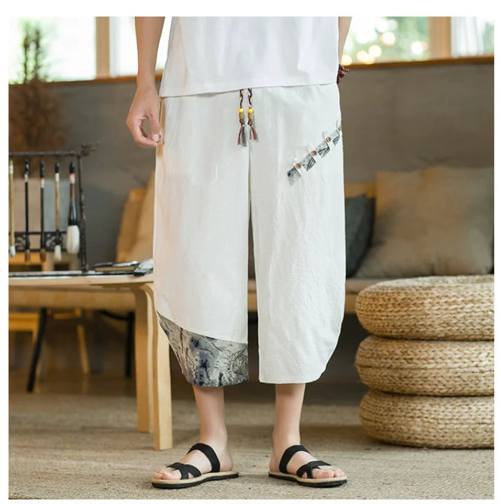 Japanese Cotton Linen Harem Pants for Men - Breathable Cropped Summer Fitness Pants with Elastic Waist