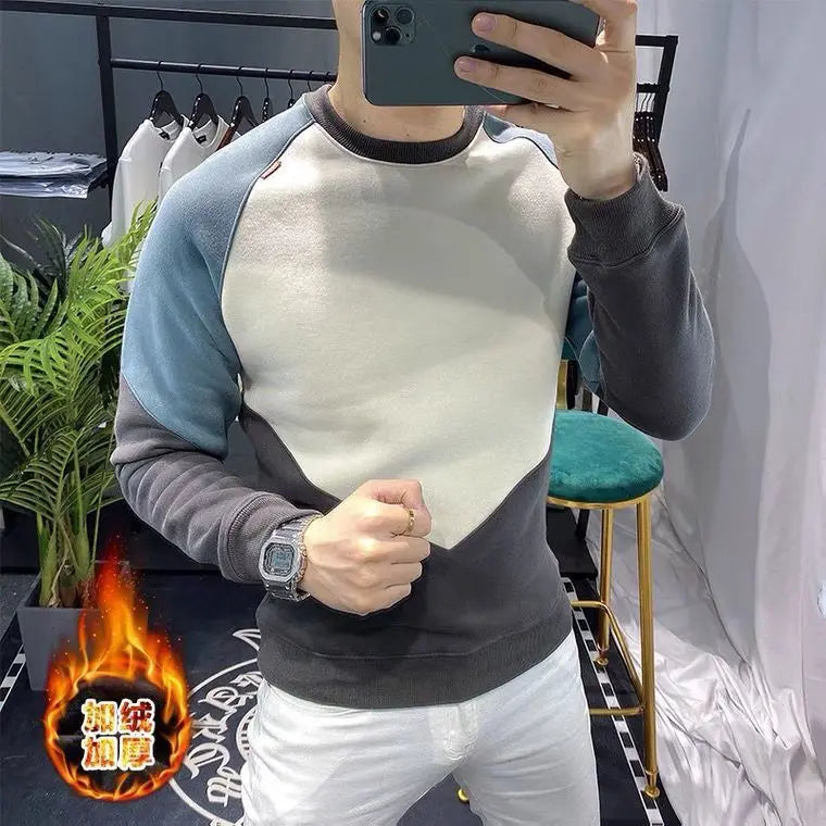 Men's Contrast Color Patchwork Sweatshirt - Fleece Lined O-Neck Pullover