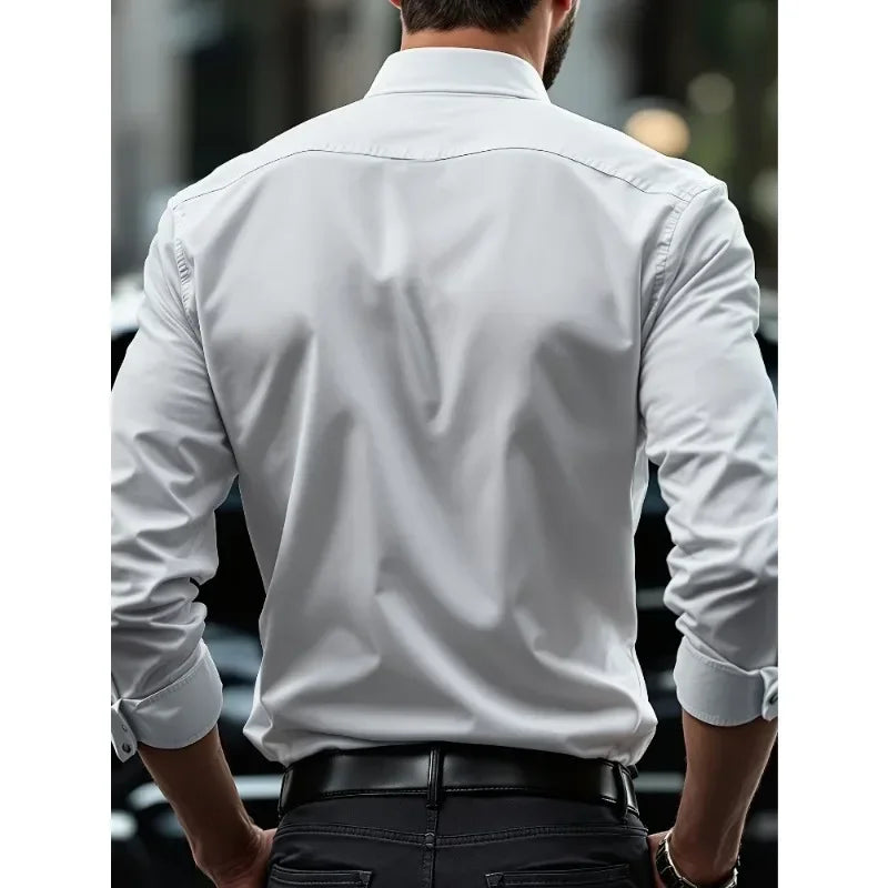 Men's Solid Color Elastic Long Sleeve Four Seasons Smart Casual Business Shirt