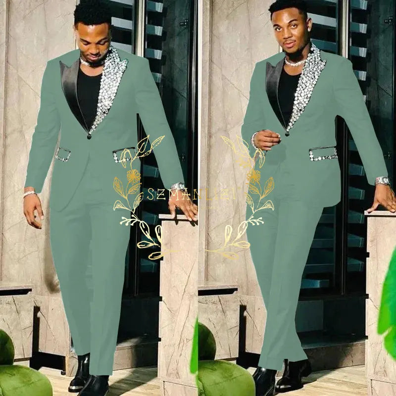 Slim Fit Suit Single Breasted Peak Lapel Blazer High Quality Crystal Prom Party 2 Piece Jacket & Pants for Men