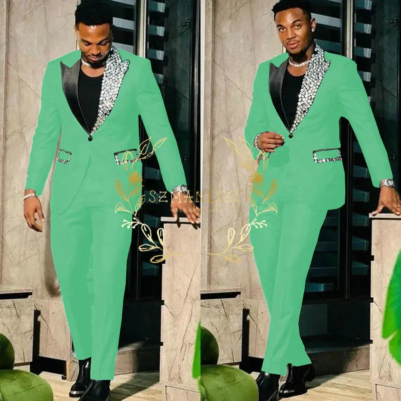 Slim Fit Suit Single Breasted Peak Lapel Blazer High Quality Crystal Prom Party 2 Piece Jacket & Pants for Men