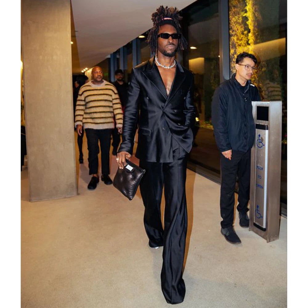 Men's Suit Satin Men Costume Luxurious Double Breasted Complete 2 Pieces Suit Peaked Lapel Jackets Dancing Party Fashion